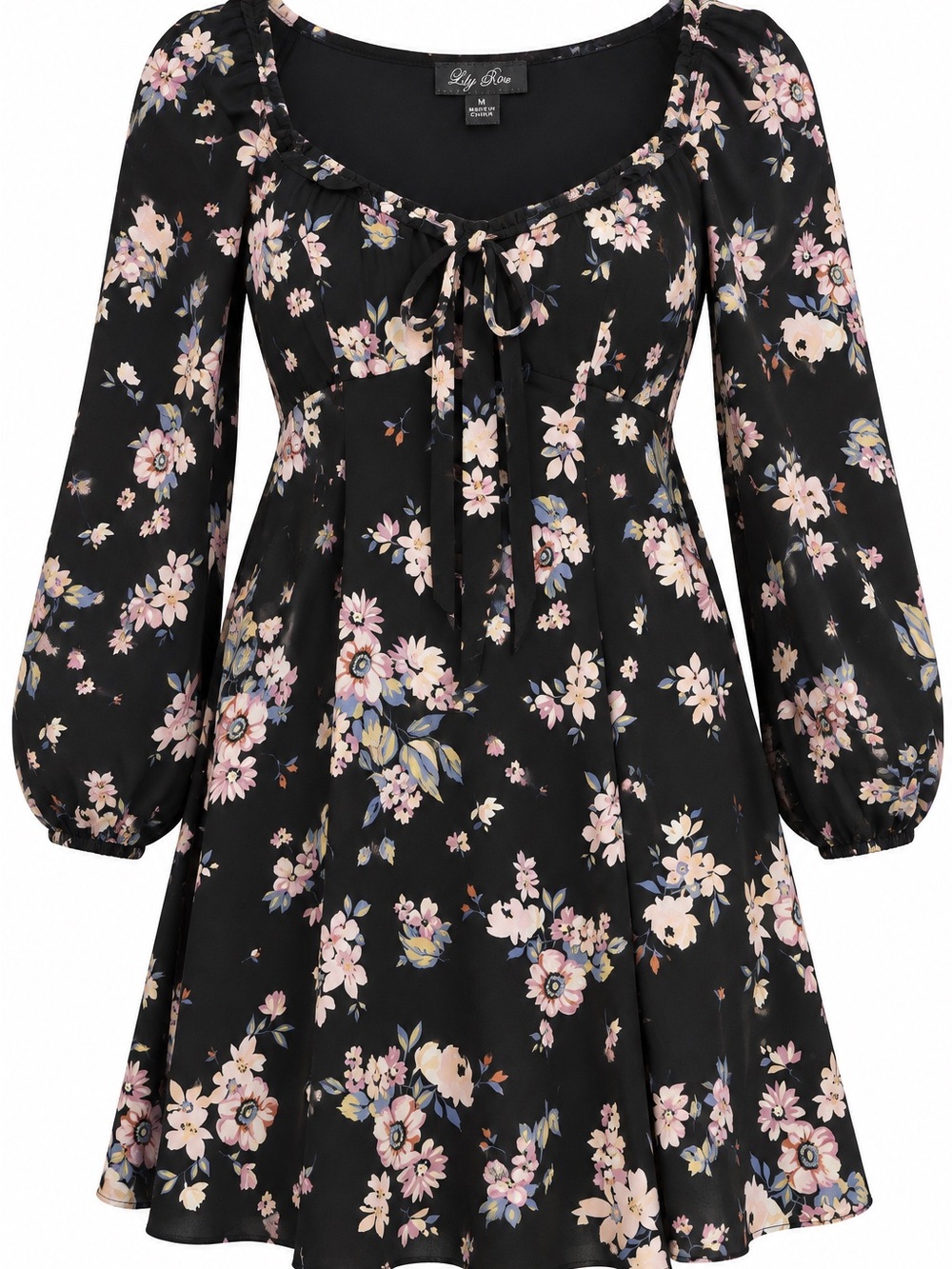Lily Rose Black Floral Tie-Front Long-Sleeve Dress